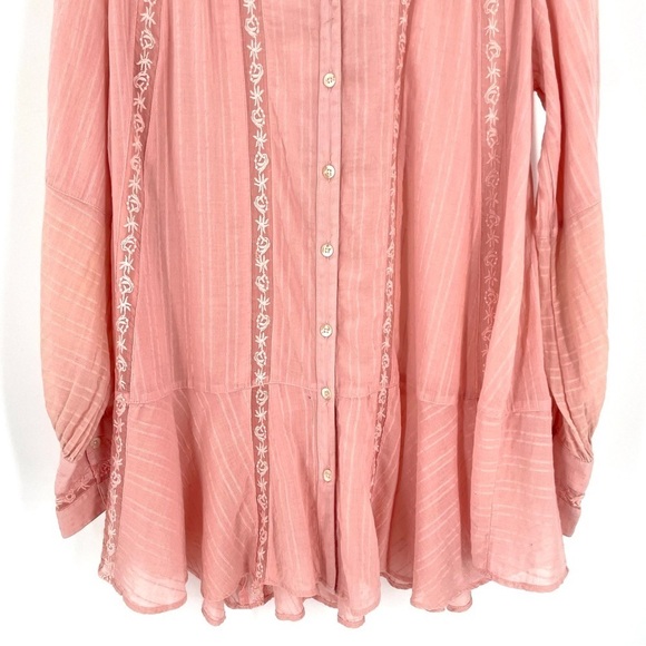 FREE PEOPLE Mikaela Pink Long Sleeve Button-Down Embroidered Tunic Blouse Top - Picture 5 of 7